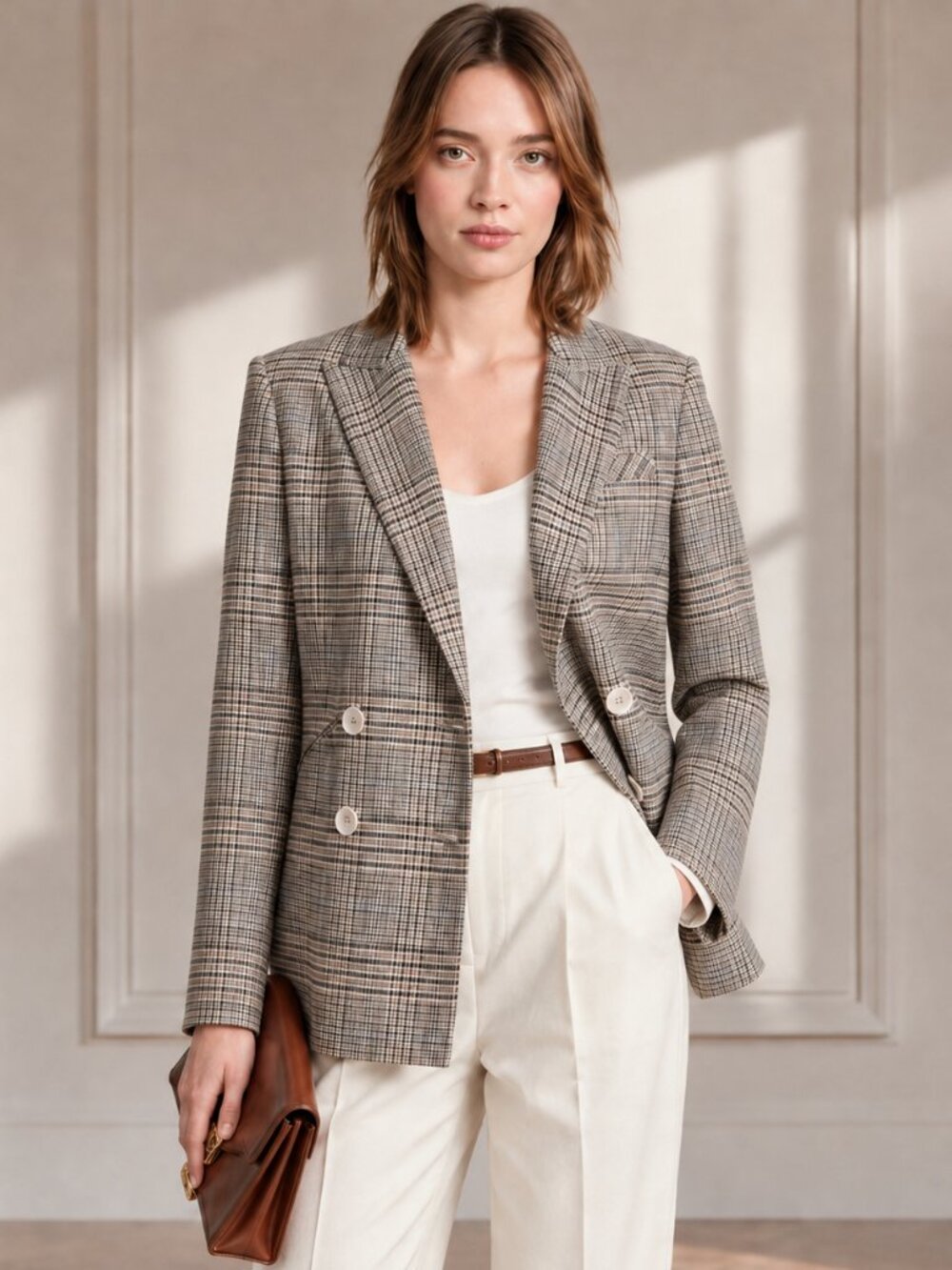 Veronica Beard Parineti Brown Houndstooth Plaid Dickey Jacket Blazer in Khaki